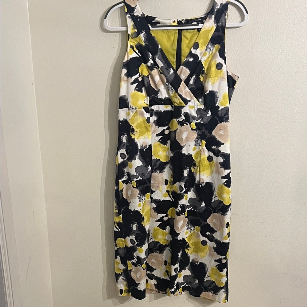 H&M V-Neck Cotton Abstract Watercolor Print Dress - Yellow, Black, Cream Size 14
